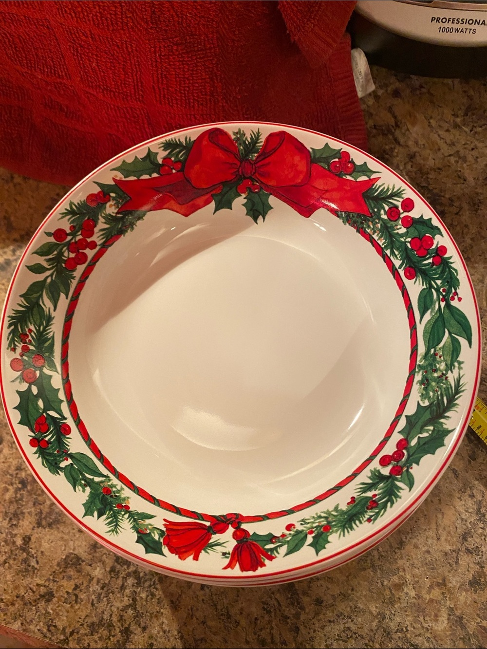 Sakura White Holiday Serving Bowl with Red Bow and Green Holly “Holiday Cheer”